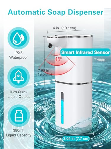 2 Pack Automatic Liquid Soap Dispenser, Rechargeable Touchless Soap Dispenser, Digital Display, 6-Level Adjustable, 380mL Wall Mount Countertop Hand Soap Dispenser for Bathroom Kitchen Sink