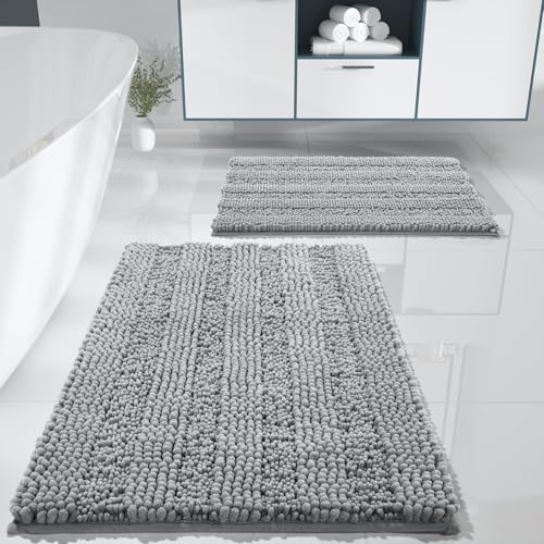 Yimobra Bathroom Rug Set 2 Piece, Soft Absorbent Chenille Bath Mat Set, Non Slip Machine Washable Quick Dry, Plush Shower Rugs for Bathroom Floor Sink Tub and Shower Outside, 32"x20"+24"x17", Gray - color: Grey, size: 32x20+24x17 Inch