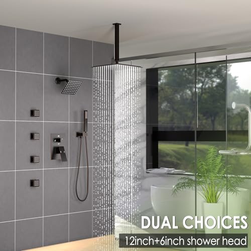 Enga Dual Shower Head Shower System with Body Jets, 12" Ceiling Mounted Rain Shower Head & 6" Wall Mounted Head Full Body Rainfall Shower Faucet with Valve Kit, Oil Rubbed Bronze - color: Oil Rubbed Bronze, style: Ceiling-12"+6"+Jets