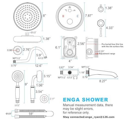Enga Antique Brass Tub Shower Faucet Fixture Shower System, 8inch Wall Mount Rain Shower with Spout and Hand Spray,Oil Rubbed Bronze - color: Oil Rubbed Bronze, style: 8" Head + Tub