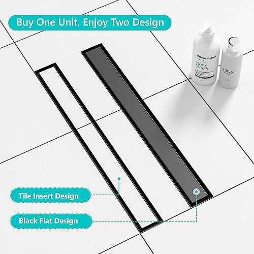 Neodrain 24" Matte Black Linear Shower Drain,2-in-1 Flat& Tile Insert Cover | 304 Stainless Steel,Fast Drainage, Durable,Rectangle Shower Floor Drain with Adjustable Feet,Hair Strainer,Fits Bathrooms - color: Matte Black, size: 24 In