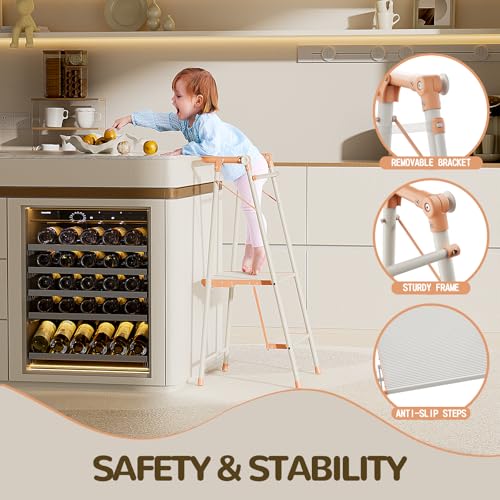 Foldable Toddler Tower, 2-in-1 Alloy Steel Kids Kitchen Step Stool & Adult 2-Step Ladder, Folding Kitchen Tower with Removable Safety Rail, Anti-Slip Steps for Kitchen & Bathroom - color: Peach Fuzz & White