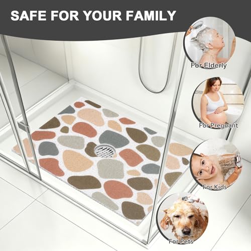 Shower Mat Non Slip: Loofah Anti Slip Shower Mat,Bathtub Mat for Inside Shower,Quick Drying Shower stall mat with Drain Hole in Middle,for Shower,Bathroom and Wet Areas (Brown Pebbles, 32" x 24") - color: Brown Pebbles