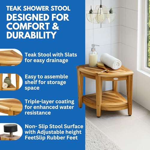 EcoDecors 18” Teak Corner Shower Stool –Waterproof Bench, Space-Saving Bathroom Seat | Compact Teak Shower Stool for Inside Shower | Sturdy 300 Pound Capacity with Shelf & Adjustable Feet | Corner teak shower bench supports up to 350 lb with adjustable no