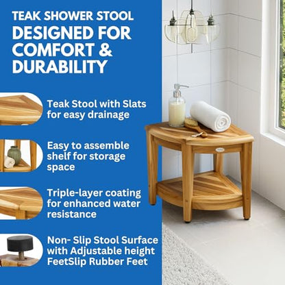 EcoDecors 18” Teak Corner Shower Stool –Waterproof Bench, Space-Saving Bathroom Seat | Compact Teak Shower Stool for Inside Shower | Sturdy 300 Pound Capacity with Shelf & Adjustable Feet | Corner teak shower bench supports up to 350 lb with adjustable no