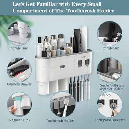 Toothbrush Holders Wall Mounted, Toothbrush Holder with Automatic Toothpaste Dispensers, 6 Brush Slots, 3 Magnetic Cups,1 Cosmetic Drawer Organizer and 1 Large Storage Tray - size: Grey 3 Cups