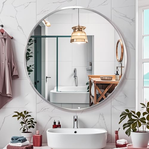 30inch Sliver Round Mirror,Aluminum Brush Framed,Wall Mounted Vanity Mirror,5MM Copper Free Mirror - size: 30"L x 30"W