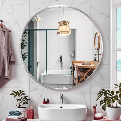 30inch Sliver Round Mirror,Aluminum Brush Framed,Wall Mounted Vanity Mirror,5MM Copper Free Mirror - size: 30"L x 30"W