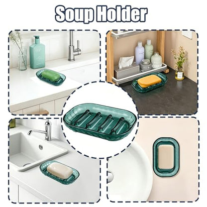 2 Pcs Self Draining Waterfall Clear Plastic Bar Soap Holder,Green | Clear Plastic Waterfall Drain Tray, Easy Clean Soap Saver, Multi-Scene For Shower, Bathroom, Kitchen Sink and Hotel Counter