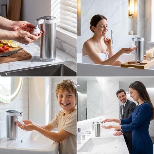 Automatic Foaming Soap Dispenser Touchless, Stainless Steel Hand Soap Dispenser, USB Rechargeable, 4 Adjustable Levels, 11.8oz/350ml for Kitchen and Bathroom (Stainless Steel White, Foam) - color: Stainless Steel White, size: Foam