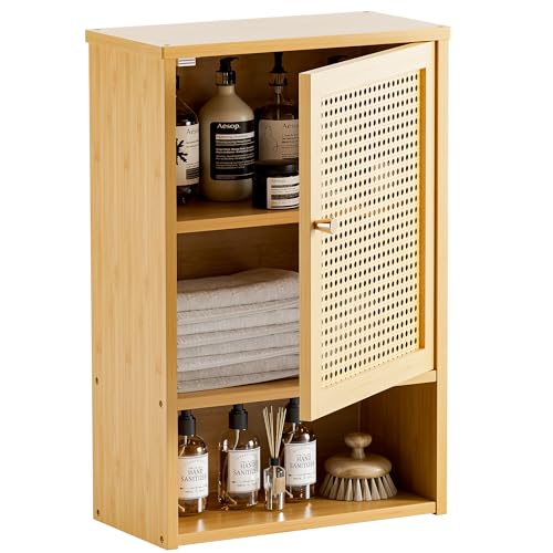 HITNET Bathroom Wall Cabinet, Rattan Medicine Cabinet, Bamboo Hanging Storage Organizer Over The Toilet with Adjustable Shelf for Living Room, Kitchen, Hallway(Natural) - color: Natural