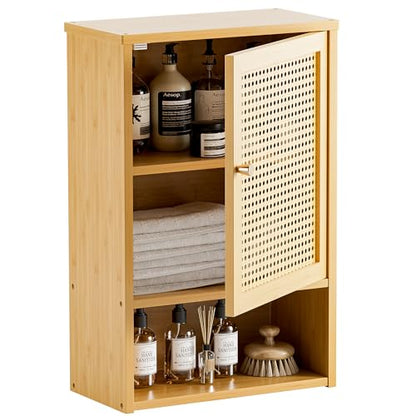 HITNET Bathroom Wall Cabinet, Rattan Medicine Cabinet, Bamboo Hanging Storage Organizer Over The Toilet with Adjustable Shelf for Living Room, Kitchen, Hallway(Natural) - color: Natural