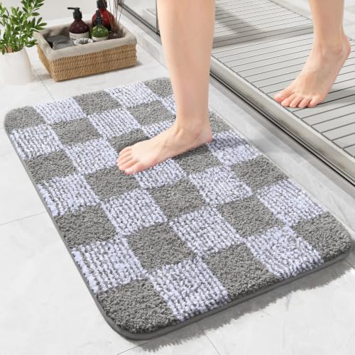 LOCHAS Bathroom Rugs 24×17, Checkered Bath Mat Non Slip, Grey | Rubber Backing Absorbent Machine Washable, Microfiber Carpet for Kitchen Bedroom Entryway - color: Grey, size: 24" x 17"