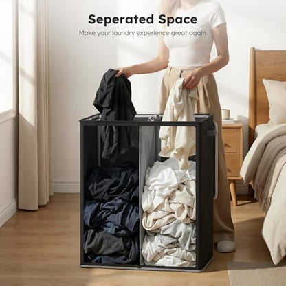 SOLEDI Double Laundry Hamper with Lid and Removable Laundry Bags,Divided Laundry Bin - Large Clothes Hamper 2 Section - Collapsible Laundry Baskets for Bedroom, Bathroom, Laundry Room,Black - color: Black, size: 145l