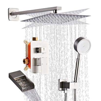 Brushed Nickel Shower Tub Faucet Set, Wall Mounted 10 Inch Shower Heads with Handheld Spray Combo and Tub Shower Faucet, Luxury Bathroom Square Rain Shower System - 4 Hooks - color: Brushed Nickel, style: 10 Inch with Tub Spout