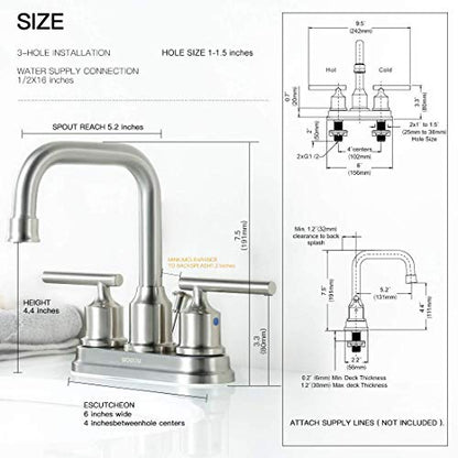 WOWOW Centerset Bathroom Faucet Brushed Nickel: 4 Inch Bathroom Sink Faucets with Lift Rod Drain Assembly Vanity Faucet 2 Handle High Arc Taps Modern - color: Brushed Nickel, style: Centerset - 4 Inch