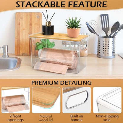 2-in-1 Stackable Trash Bag Dispenser & dishwasher pod holder with Wooden Top – Garbage Bag Holder for 13-33 Gallon Bags – Trash Bag Dispenser Under Sink with Anti-Slip Base for Laundry Detergent Pods