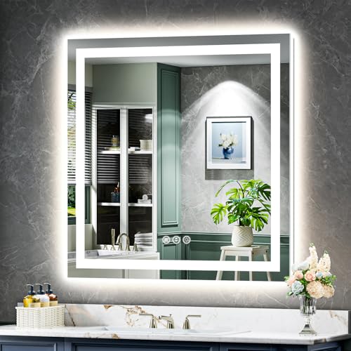 40x40 Inch LED Bathroom Mirror with Lights Front and Backlit Lighted Vanity Mirror for Bathroom Wall with 3 Colors Dimmable Anti-Fog Memory Shatter-Proof IP54 Waterproof Horizontal/Vertical - color: Backlit+front Lit, size: 40"L x 40"W