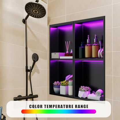 Vercraft 24'' x 12'' LED Light Stainless Steel Shower Niche with RGB Colorful Remote Control Matte Black No Tile Needed Wall Niche Insert Recessed Double Shelves for Bathroom Storage