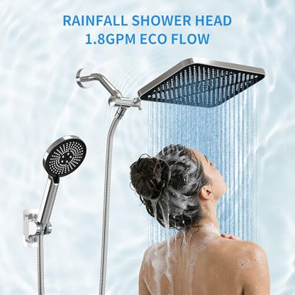 RFOUO 11 Inch Wide Rain Shower Head with Handheld,Chrome | High Pressure Rainfall, Dual Shower Head Combo with Adjustable Arm, 3-Mode Detachable Handheld Spray,with 59 Inch Hose - color: Chrome