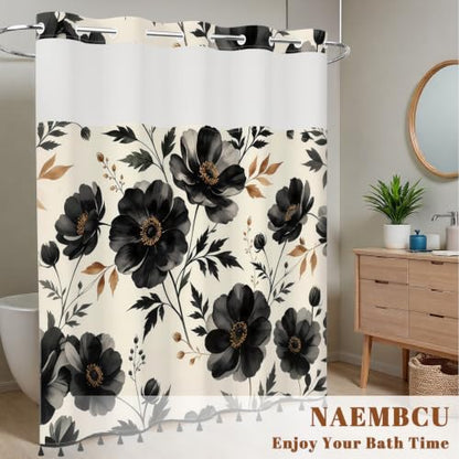 Black Floral Shower Curtain with Snap in Liner & Tassels, 71W x 77L | No Hook Needed, Double Layer Waterproof Fabric with Mesh Top, Dark Botanical Flower Design for Modern & Farmhouse Bathroom - color: Black Floral