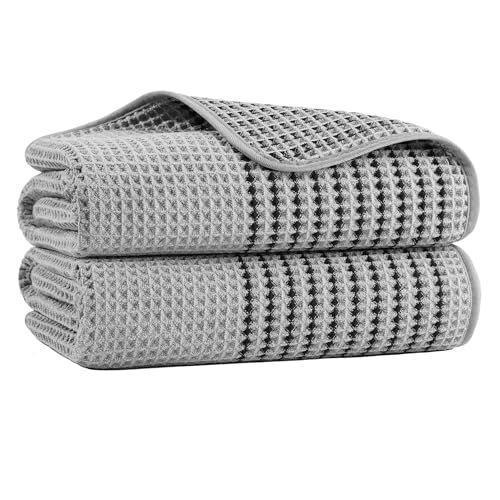 MICROFI New Microfiber Waffle Bath Towels, 2 Pieces, Soft, Absorbent, Fast Drying, Lint Free 430 GSM (30''x60''/76cm x 152cm) - color: Silver Striped