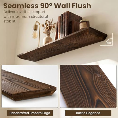 Acovy 24in Solid Spruce Wood Floating Shelves with Beveled Bottom Edges, Wooden Floating Shelf with Heavy-Duty Bracket for Living Room Bathroom Bedroom Kitchen, Rustic Brown, Set of 2 - color: Rustic Brown, size: 24"-2 Packs