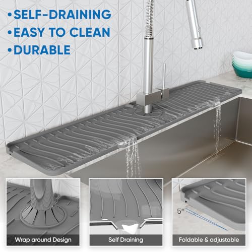 24 inch Longer Faucet Mat for Kitchen Sink Splash Guard[5° Slope Fast Self-draining]Kitchen Sink Faucet Mat Splash Guard Kitchen Sink Area Water Splash Guard