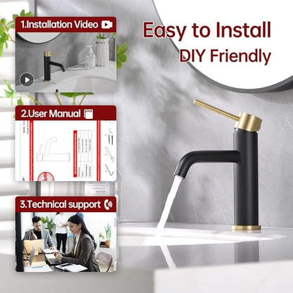 SUMERAIN Modern Single Handle Bathroom Sink Faucet, Black and Gold | Single Hole, Lead-Free, Stainless Steel, with Faucet Supply Lines, Easy DIY Install - color: Black and Gold, size: Undermount Sink faucet