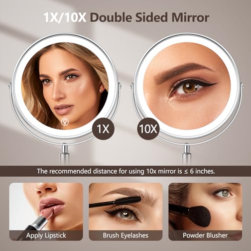 UBYMET Lighted Makeup Mirror, Rechargeable Height Adjustable Double Sided, 1x/10x Magnifying with 3 Color, Brightness Adjustable, 360° Rotation Vanity, Gift for Women - color: 8in Dresser Chrome