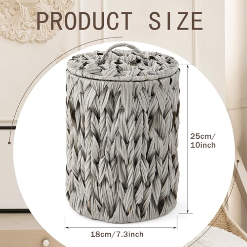 Ctosree 1.3 Gal Boho Wicker Trash Can with Lid, Grey | Polypropylene woven material; includes 100 garbage bags; for bedroom, office & laundry - color: Grey, style: Round