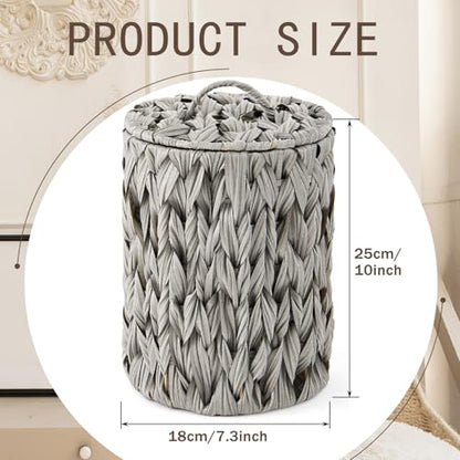 Ctosree 1.3 Gal Boho Wicker Trash Can with Lid, Grey | Polypropylene woven material; includes 100 garbage bags; for bedroom, office & laundry - color: Grey, style: Round