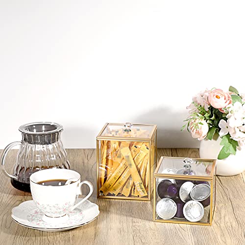 Hipiwe 2 Pack Glass Qtip Holder Dispenser With Lid Gold Bathroom Containers | Vanity Canisters for Cotton Balls Makeup Sponges Bath Salts Candles, Countertop Storage Organizer Jar