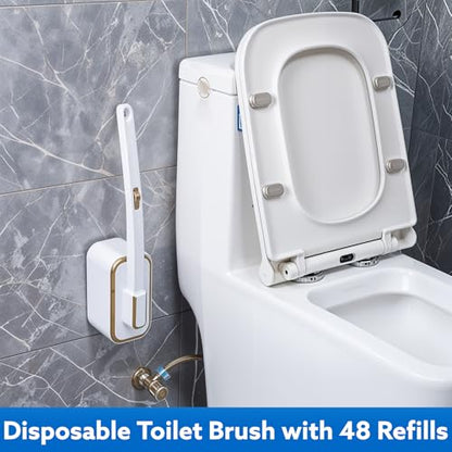 wlich Disposable Toilet Brush Set With 48 Refills, Wall-Mount Holder | Flexible Scrubbing Head, Hygienic Toilet Cleaning, Wall-Mounted Storage for Homes, Apartments, Dorms, Offices, Hotels - color: White+Gold - 48 Refills