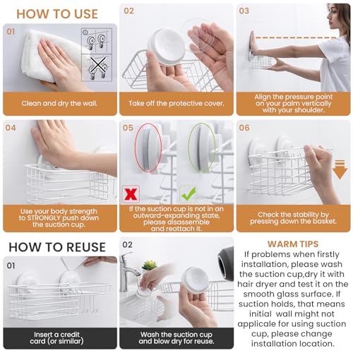 Shower Caddy Suction Cup, Heavy Duty Bathroom Organizer | Shower Organizer for Inside Shower with Hooks & Soap holder, NO-Drilling Bathroom shelves-White - color: 1 × White