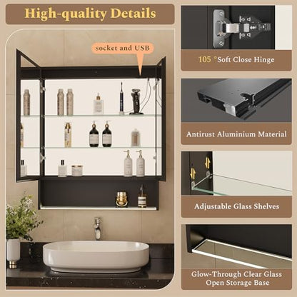 30"×34" LED Lighted Medicine Cabinet with Backlight, Adjustable Brightness 3 Color Temperature Lighting Anti-Fog Mirror 2 Socket & 2 USB Ports & Adjustable Shelf Wall Mounted - color: Backlight - 30"×34"