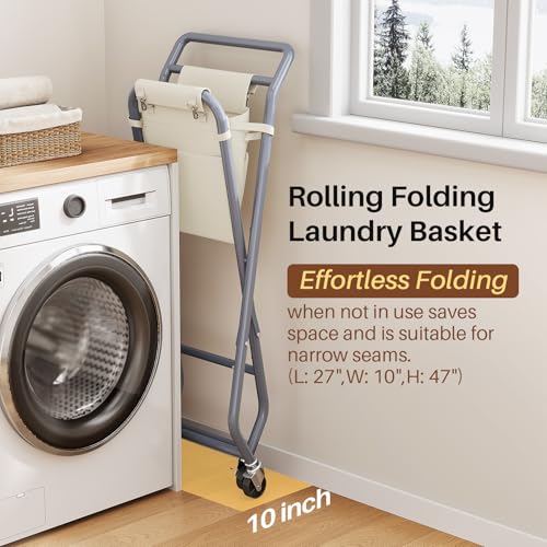 No-Bend Laundry Cart- Rolling Hamper with Locking Wheels & Handle, Foldable Basket Screw-Free Assembly, Durable Metal Frame & Removable Liner Bag for Bedroom & Bathroom (Beige) - color: Beige