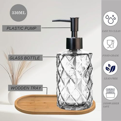 12oz Clear Glass Hand and Dish Soap Dispenser Set, Diamond Design, Set of 2 | Bathroom Soap Dispenser with Plastic Pumps, Bamboo Tray for Hand Wash & Dish Wash, for Bathroom Kitchen Countertop - color: Clear