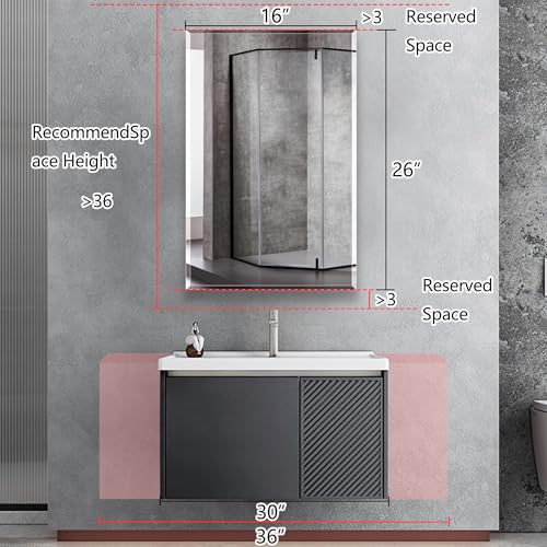 Bathroom Medicine Cabinet with 16x26 in Rectangular Beveled Frameless Mirror,Wall Mounted Mirror Cabinet for Bathroom Toilet Kitchen,Recess or Surface Mount,Already Assembly - size: FMG-CM7005-1626
