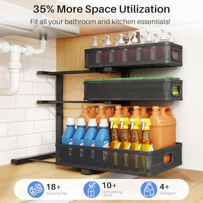 Under Sink Organizer, 3-Tier Thickened Metal Pull out Cabinet Organizer Shelf, Height Adjustable Slide out Storage Drawer Rack for Kitchen Bathroom Pantry Laundry Home Organization, 2-Pack, Black | 35% More Storage Capacity, Carbon Steel, Hold Up 55lbs, S