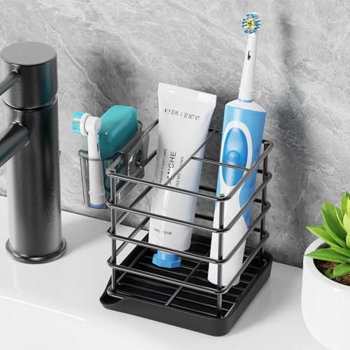 Toothbrush Holders, Bathroom Storage Organizer with Small Box,Black,3 Slots | Easy to Clean,Multifunctional,Kids Electric Toothbrush Organizer,Drainage,Removable,For Bathroom,Vanity,Kitchen Sink,Office - size: with tray