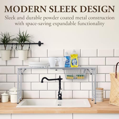 MyGift Silver Metal Over The Sink Organizer Shelf with Pull Out Drawer, Expandable Kitchen Caddy Rack, Bathroom Storage Shelf Riser with Scrollwork Design - color: Silver
