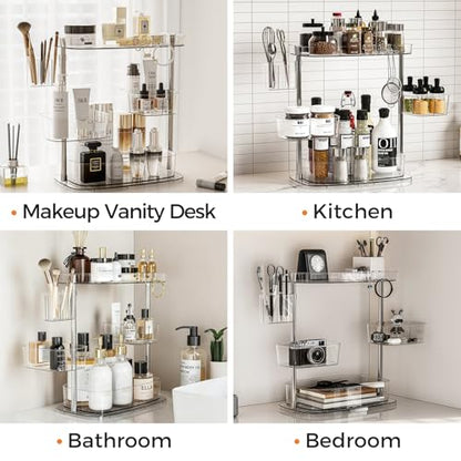 360°Rotating Makeup Organizer,Makeup Organizer Countertop with Brush Holder and Perfume Stand,Bathroom Counter Organizer,Skincare Holder Stand for Vanity,Detachable Hanging Hooks
