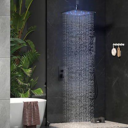 Aolemi Ceiling Shower Faucet Set with Handheld 10" LED Head Matte Black | Handheld Spray,10 Inch Rain LED Head,Shower Valve and Trim Kit,All Metal,Ceiling System,Bathroom Mixer - color: Black, size: 10 Inch LED Shower Head
