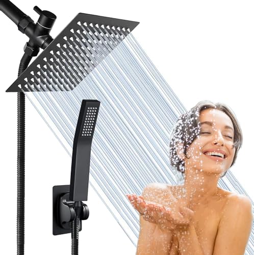 Shower Head with handheld, High Pressure 8'' Rain Shower Head/Brass Handheld Shower Combo,with 78'' Hose Anti-leak Shower Head with Adhesive Shower Head Holder (Square, Black) - color: Black, size: 8