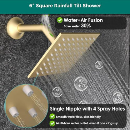 Digital Display Shower Faucet Set Brushed Gold Dual Heads LED Shower System | 14X20" LED Ceiling Shower with Light Remote & 6" Wall Mounted Shower Head & Dual Function Handheld Shower - color: Brushed Gold
