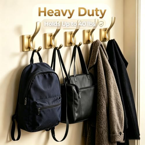 Brushed Gold Heavy Duty Wall Mounted Towel Hooks for Bathroom Bedroom | Metal Double Rust-proof Robe Coat Hooks for bath Kitchen Pool Garage Hotel Mudroom - color: Brushed Gold 4