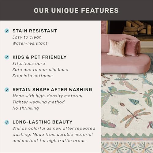 Hazo Haus Washable Non Slip Bathroom Runner Rug 2x5, Insect Boho Bath Mat, Stain Resistant Low Pile Butterfly Insect Print Rugs for Laundry Room, Powder Room, Beige Green - color: Beige Green, size: 2' x 5' (Runner)