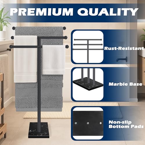 Standing Towel Rack with Marble Base, 3-Tier Free Standing Towel Racks for Bathroom, 40" Height Floor Towel Stand Holder for Bathroom, Black - color: Black