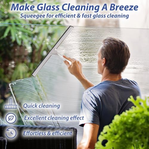 2-Pack Stainless Steel Shower & Window Squeegees with Microfiber Cloths and Wall Hook Holders, 10” & 12” Glass Cleaner for Bathrooms and Windows